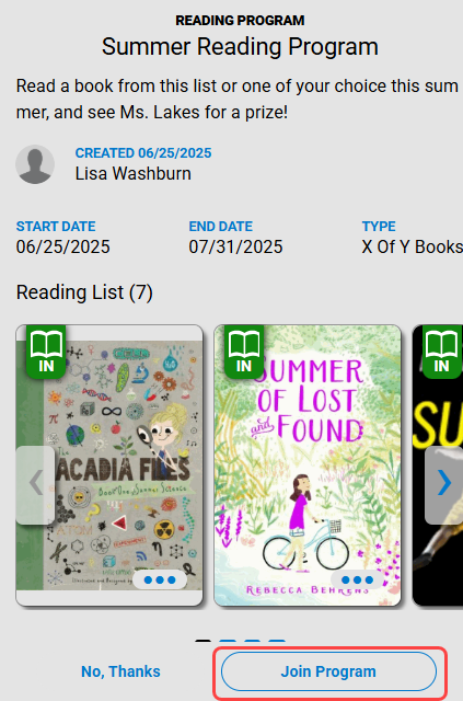 Reading Program slideout with Join Program highlighted.